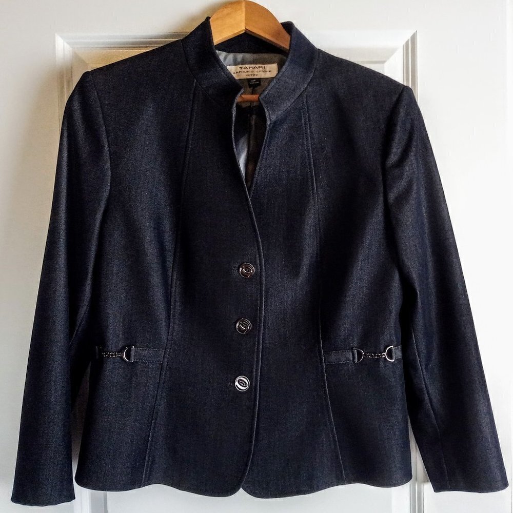 Tahari Charcoal Grey Denim Gunmetal Chain Accent Jacket